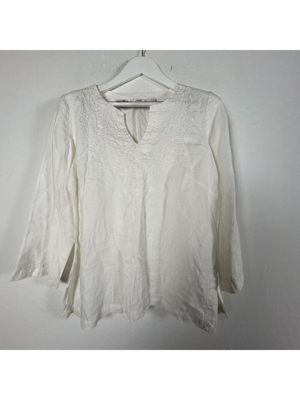 Edward Womens Irish Linen Split Neck Embroidered Top Blouse XL White Long Sleeve